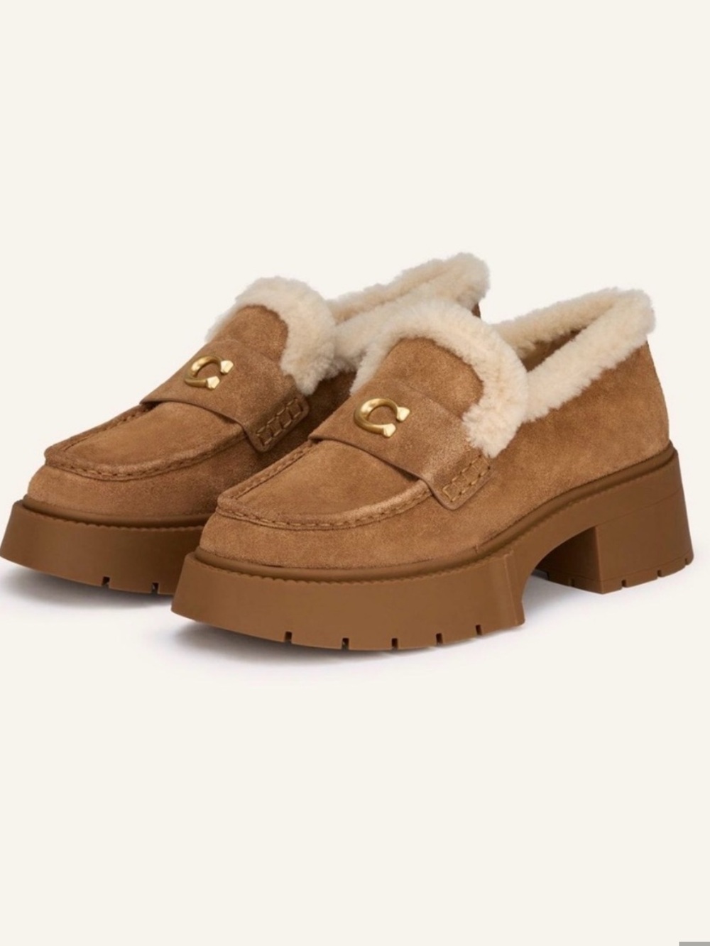 Coach Chunky Lug Shearling Loafers in Chestnut Suede